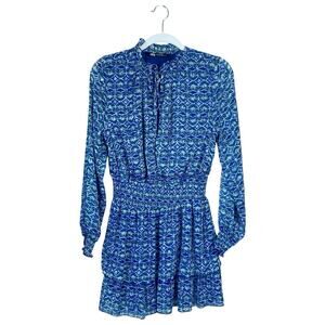 ZARA Blue Long Sleeve Mini Dress Printed Coastal Resort Size Small Ruffle